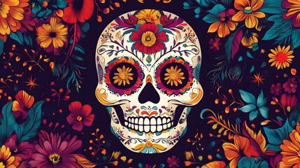 Sugar Skull with intricate floral patterns and bright colors for Day of the Dead, graphic, illustration