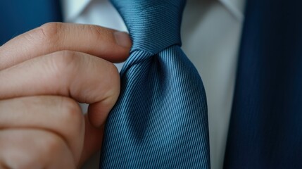 Poster - A man adjusting his tie in a suit and blue shirt, AI