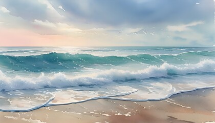 Serene watercolor beach landscape with softly changing waves and calming pastel tones