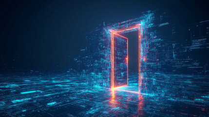 A futuristic, abstract digital doorway or portal stands open in a cybernetic realm. This glowing neon gate illuminates the dark space, suggesting access to other worlds or dimensions. The doorway is p