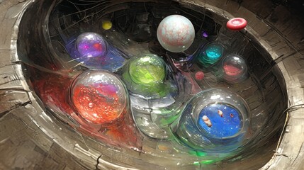 Wall Mural - Colorful Glass Marbles in a Wooden Bowl Filled with Resin