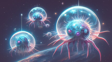 Wall Mural - Three bioluminescent orb creatures suspended in a void with glowing appendages