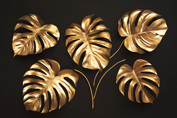 Sticker - Set of golden tropical monstera leaves isolated on black background