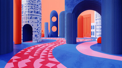 Wall Mural - Abstract blue and orange geometric shapes form an intriguing architectural space.