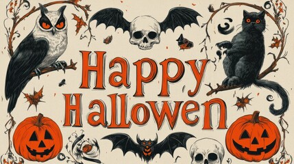 This vintage Halloween banner showcases the phrase Happy Halloween in elegant script, surrounded by spooky icons like owls, skulls, and black cats