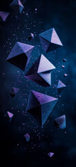 Wall Mural - Abstract background with floating geometric shapes. Blue and purple 3D objects on black backdrop