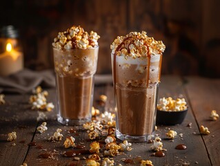 Two glasses of chocolate milk with popcorn caramel drizzles on top. Wooden table