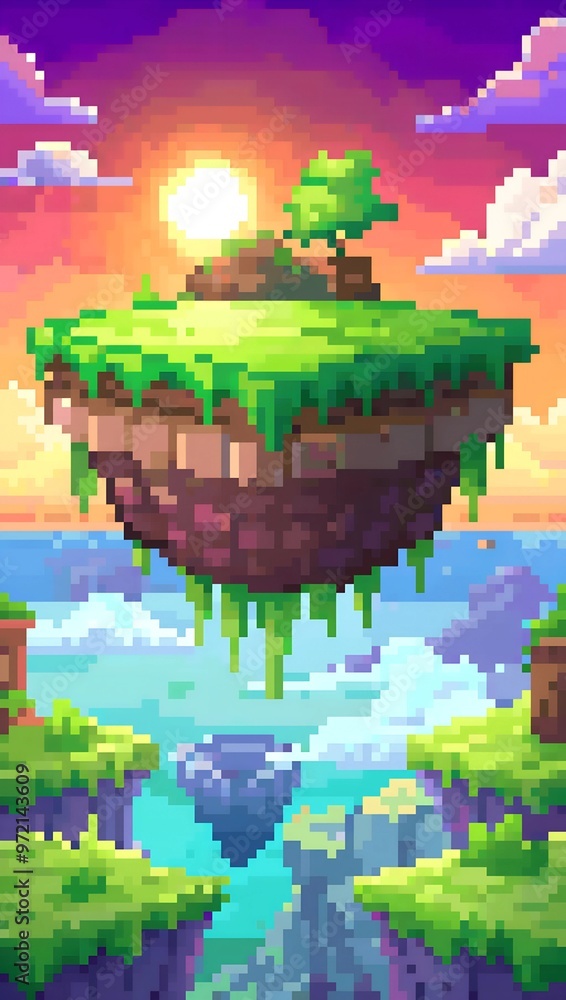 Floating platform during daytime pixel art background. 8-bit game ...