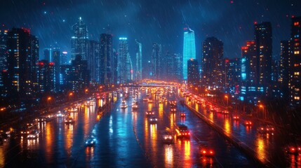 Night cityscape with illuminated buildings and rainy atmosphere.