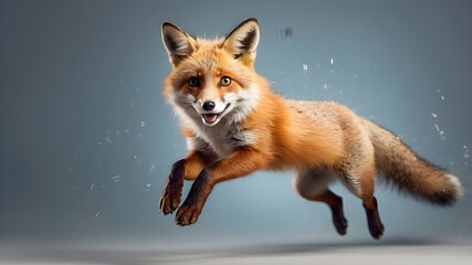 A happy fox jumping in the air on a transparent background, 