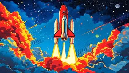 Wall Mural - Dynamic Pop Art Rocket Launch Amidst Fiery Clouds and Starry Night Sky Capturing Spirit of Adventure, Exploration, and Innovation