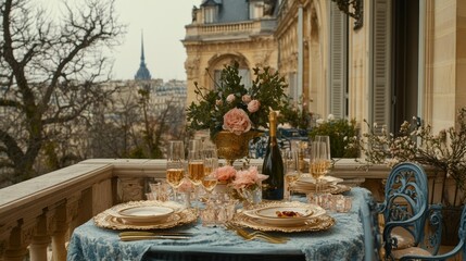 Poster - A table with a blue table cloth and a bottle of wine