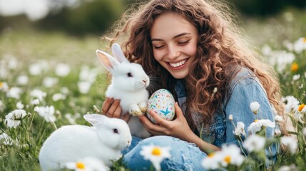 Sticker - A woman sitting in a field with two white rabbits