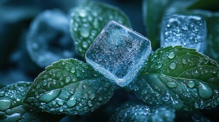 Wall Mural - Ice cubes resting on fresh green leaves with water droplets.