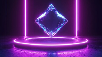 Wall Mural - a glowing crystal diamond levitates in a neon-lit environment, creating a futuristic ambiance.