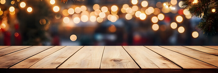 Wall Mural - Empty wooden table top with defocused bokeh Christmas Fair lights background. Template for product display. 