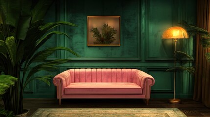 Wall Mural - A pink couch sitting in a living room next to a lamp