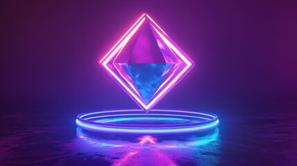 Wall Mural - a glowing, abstract crystal shape surrounded by neon lights on a reflective surface.