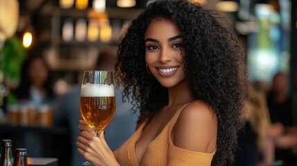 Wall Mural - A beautiful woman holding a glass of beer