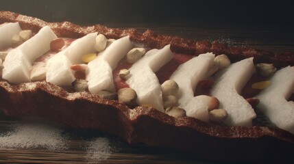 Wall Mural - Close-up of a Long, Brown Food Topped with White Slices and Nuts