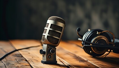 Wall Mural - Vintage Microphone and Headphones Set Against Dark Wood Table for Podcasting and Radio Inspiration