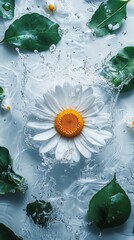 Wall Mural - A single white daisy with a yellow center floats in clear water surrounded by green leaves.