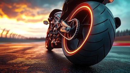 A close-up of a motorcycle tire with glowing rims on a racetrack at sunset.