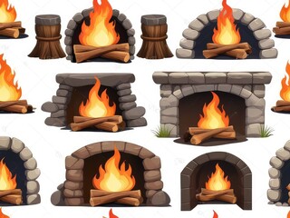 Wall Mural - set of four kinds of fire,fireplace with burning stove,set of burning candles,fire burning in a fireplace,set of fire,set of fire flames