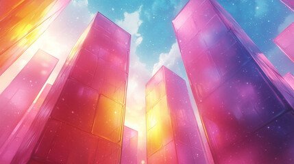 Wall Mural - A futuristic cityscape with tall buildings glowing in vibrant colors.