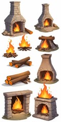 Sticker - set of four kinds of fire,fireplace with burning stove,set of burning candles,fire burning in a fireplace,set of fire,set of fire flames