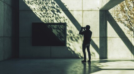 Wall Mural - a silhouette of a person photographing in a modern, minimalist space with natural light.