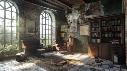 Poster - A serene, sunlit study with vintage furniture, books, and greenery.