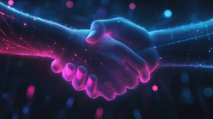 Two glowing hands shaking in a futuristic digital handshake.