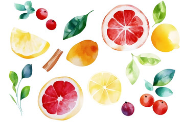 Wall Mural - Watercolor fruit set isolated on white background. Vegetarian diet food