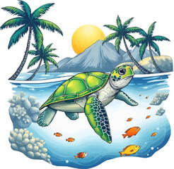 turtle with beach background vector illustration. sea world vector logo illustration. cute cartoon sea turtle.