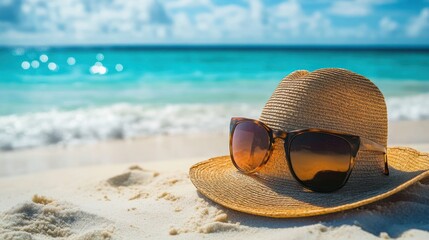 Wall Mural - A straw hat and sunglasses resting on sandy beach with turquoise sea in the background.