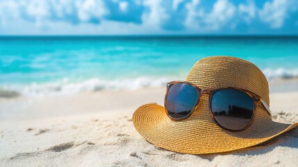 Wall Mural - A straw hat and sunglasses resting on sandy beach, evoking relaxation and summer vibes.