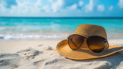 Wall Mural - A straw hat and sunglasses resting on sandy beach, evoking a relaxing summer vibe.