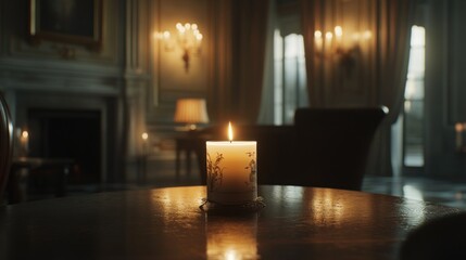 Poster - A softly lit candle on a table in an elegantly decorated room.