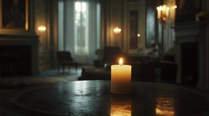 Poster - A lit candle on a table in a softly lit, elegant room, creating a warm ambiance.