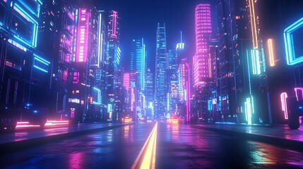 futuristic cyberpunk city at night, with neon lights illuminating the streets and skyscrapers.