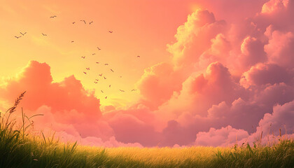 Wall Mural - A beautiful sunset sky with puffy clouds and a field of grass in the foreground.