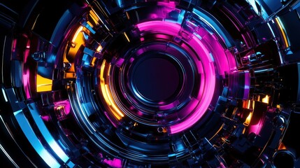 Wall Mural - abstract digital tunnel with vibrant colors and metallic textures.
