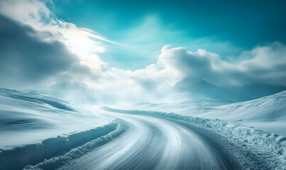 Winding road through snowy mountain landscape with blue sky and clouds.