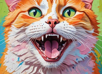 Wall Mural - A vibrant and textured painting of a cute cat