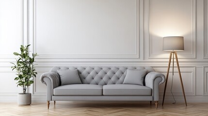 Poster - A modern living room featuring a gray tufted sofa, lamp, and potted plant against a minimalist wall.