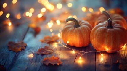 Wall Mural - Three small pumpkins on a wooden table with warm white string lights and fall leaves.