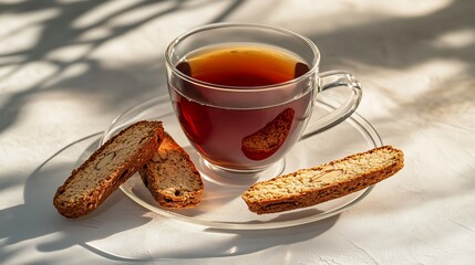 Wall Mural - Generative AI Image of Warm Rooibos Tea with Almond Biscotti at Morning Light Shadow Teatime