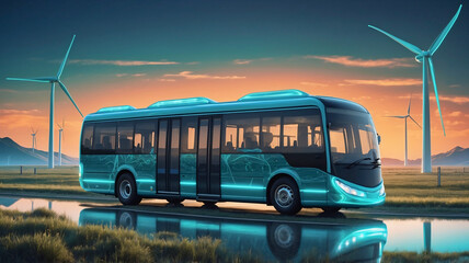 Futuristic electric bus illuminated by neons while driving. Glowing neon bus as concept for modern sustainable transport, future of zero emission travel