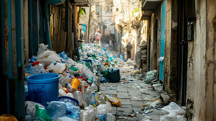 alleyway filled with crumpled plastic bottles and trash bags, emphasizing the environmental contamination prevalent